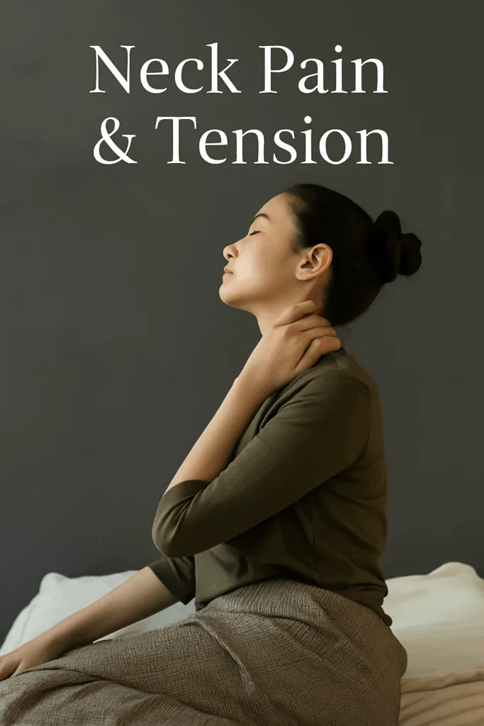 Woman holding her neck in pain, representing neck tension treated with acupuncture at Big Easy Acupuncture in Metairie, LA