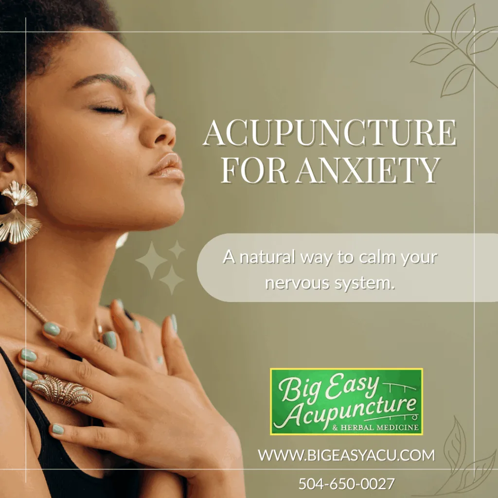 Calm woman practicing deep breathing with eyes closed, representing how acupuncture helps reduce anxiety and support nervous system regulation at Big Easy Acupuncture in Metairie